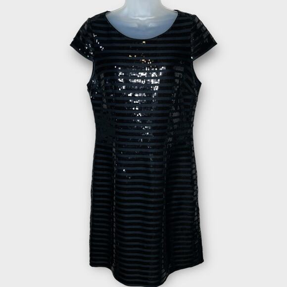 ALI RO black sequin stripe cap sleeve cocktail party dress size 10 - Picture 1 of 6